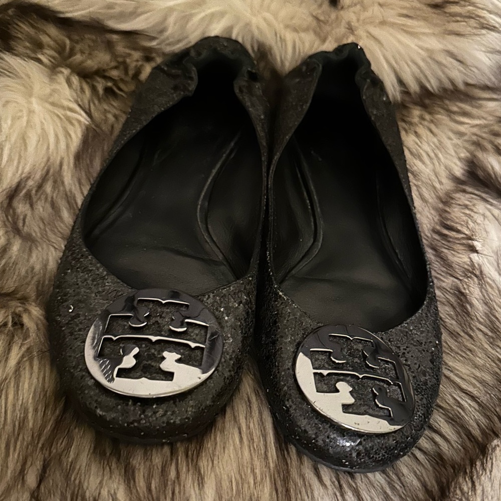 Tory Burch sparkle black leather flats. Overall good condition